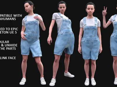 Woman in Overall 3 - Modular - Rigged Low-poly 3D model