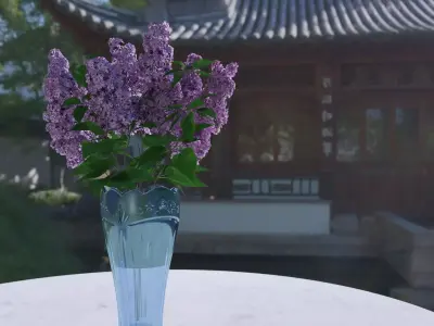 Vase with floral carving ornament and lilac flowers 3D model