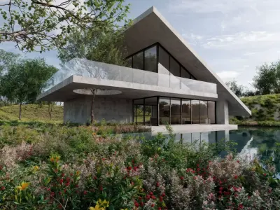 Modern Sloped Roof Pool Villa 3D model