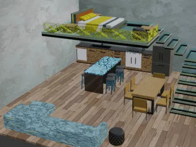 bedroom lofted space Low-poly 3D model