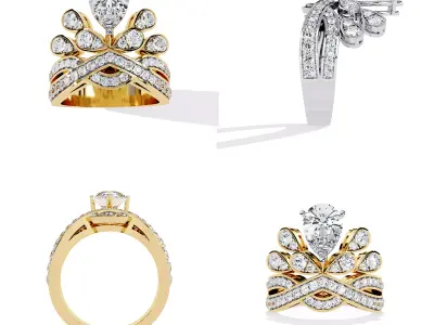 Luxury Pear Bridal Crown Ring Casting Ready 3DM STL 3D print model