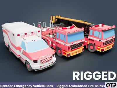 Cartoon Emergency Vehicle Pack - Rigged Ambulance Fire Trucks Low-poly 3D model