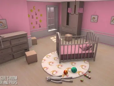 Small girls room - interior and props Low-poly 3D model