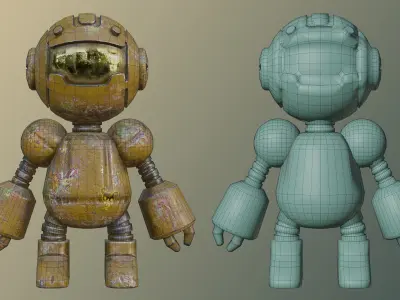 Rusty-robot PBR Low-poly game ready wooden figure Free low-poly 3D model