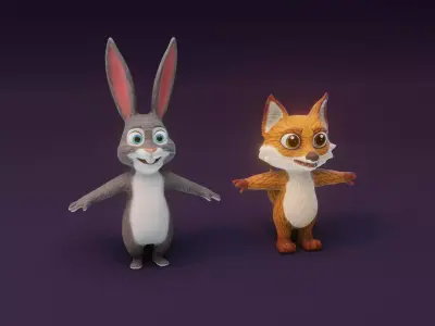 Cartoon Animated Rabbit and Fox 3D Model Collection Low-poly 3D model