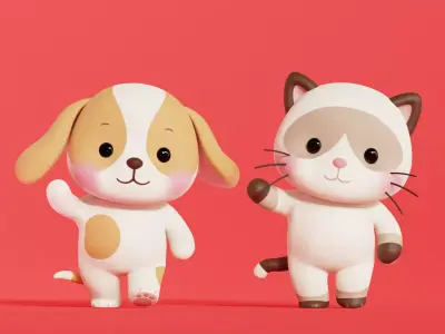 Dog and Siamese Cat Cartoon Rigged Animated Characters  Pack Low-poly 3D model