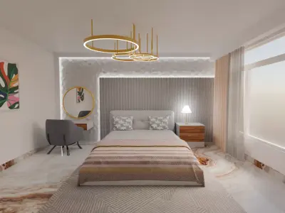 3D Modern Bedroom with Lighting Bed and Furniture 3D model
