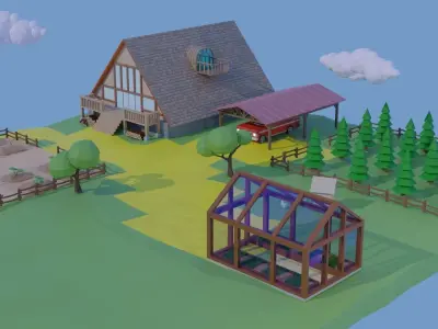 Farm With Rigged Car Low-poly 3D model