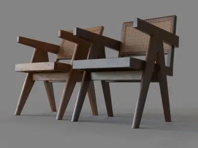 Pierre Jeanneret Office Chair And Cane Chair For Chandigarh  3D model