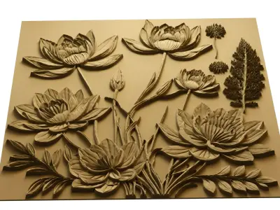 Lotus flowers wall art set relief STL panel carving CNC 261 3D model