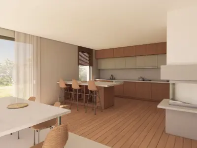 Modern Open - Space Kitchen Layout with Island and Dining Area 3D model