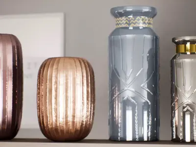 Vase Collection three vases with flowers on shelf Low-poly 3D model