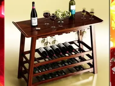 Wine Rack Table Bottles Cups and Grapes 3D model