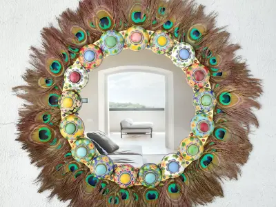 Maximalist Gemmed Cloisonne Wreath Mirror With Peacock 3D model