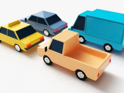 Low Poly Cars four toy trucks 3D model