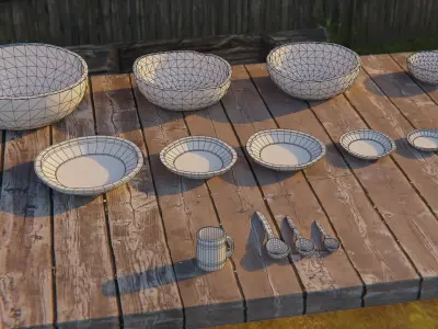 Wooden old dishes Low-poly 3D model