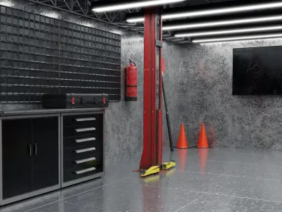 Pitlane garage Workshop warehouse gameready kit scene for render Low-poly 3D model