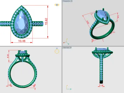 Pear shape halo Ring  all around Diamonds on bridge 3D print model
