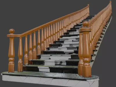 Classic Dark Marble Staircase with Ornate Wooden Balustrade 3D model