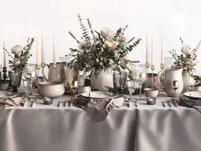 Tableware Set 2 table with silverware and flowers 3D model