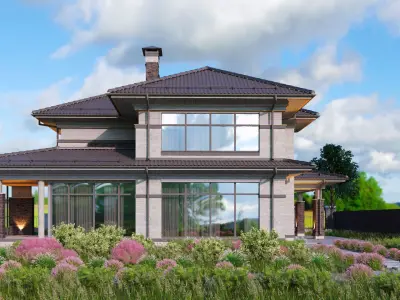 Model of a Wright-style house with a carport for one car 3D model