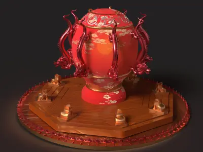 Chinese  dragon and toad figure  Low-poly 3D model