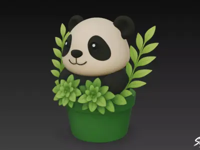 Panda in Flower Pot Low-poly 3D model