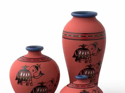 Madhubani Coral Terracotta Pots painted Low-poly 3D model