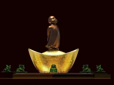 Chinese monk kid with Yuanbao and toad 3D model