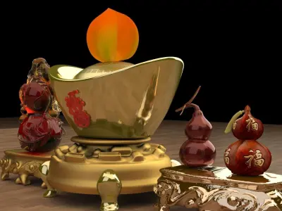 Chinese gold Ingot  and gourd  3D model