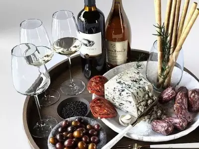 Food Set Cheese Plate With Sausages and Wine  3D model