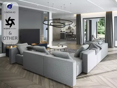 Interior - Modern Living Room-Cinema 4D and Octane Render Low-poly 3D model