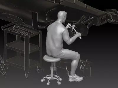 mechanic 1 at work in the garage during the Formula 1 3D print model