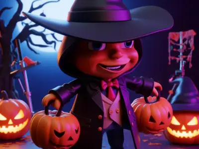 Cute Halloween Witch 3D Cartoon Character Pumpkin Buckets Hat Low-poly 3D model