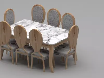 Classic Marble Dining Table Set with 8 Round-Back  Chairs 3D model