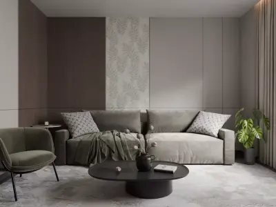 Modern Living Room Interior with Sofa and TV Wall 3D model