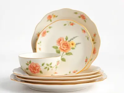 Farmhouse Porcelain Dish Set Floral Pattern model pack Low-poly 3D model