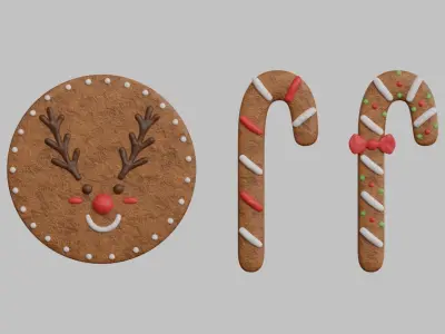 Gingerbread Christmas Cookie 2 - Candy Cane and Reindeer 3D model