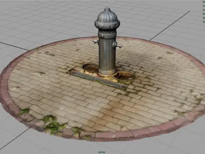 Fountain 7 fire hydrant on brick pavement Low-poly 3D model
