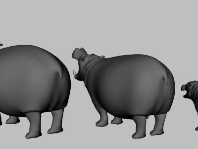 Hippopotamus Family Low-poly 3D model