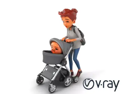 Cartoon Woman and Baby with Stroller Model Pack Low-poly 3D model