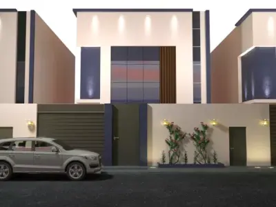 Elevation modern house with car parked Low-poly 3D model