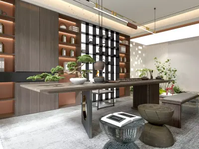 Chinese tearoom study room Low-poly 3D model