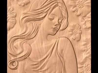 Girl with flowers in background CNC bas-relief 3Dmodel wallart 3D print model
