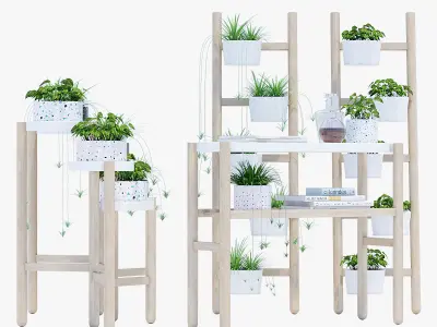 Satsumas wooden plant stand with potted plants 3D model