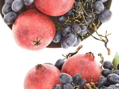 bowl of black grapes and pomegranate fruit 3D model