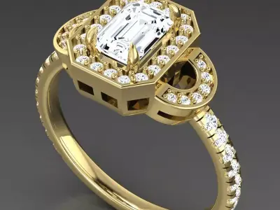 Luxury Gold Art Deco Ring With Emerald-Cut Gemstone 3D print model