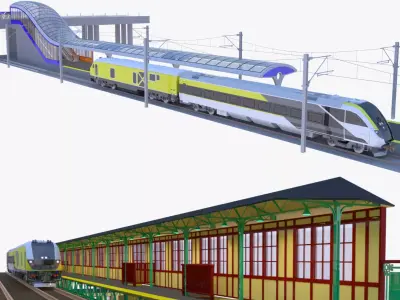 Stations with american train 3D Model Collection
