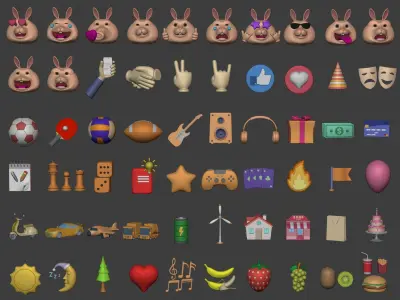 Cartoon Icons Pack - Smiley Sport Music Business IT Game Food AD Low-poly 3D model