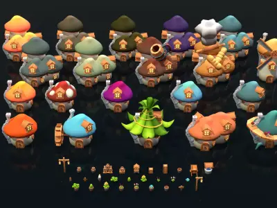 Mushroom House Pack Low-poly 3D model